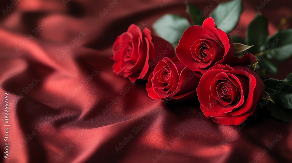 Romantic Red Roses on Flowing Satin Fabric Still Life Romantic Red Roses on Flowing Satin Fabric Still Life