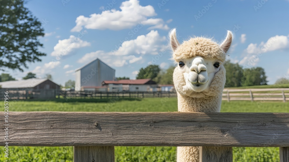 Fototapeta premium Curious alpaca peeking over a wooden fence.