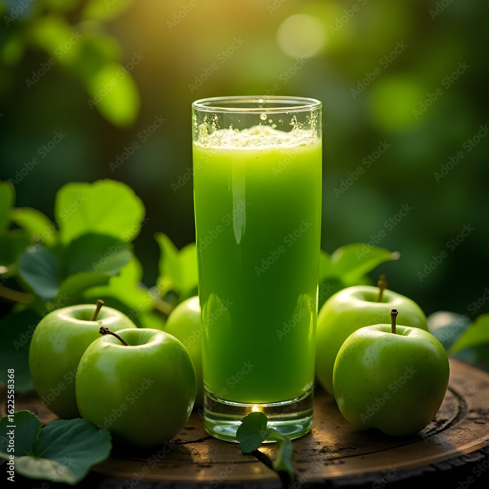 Fototapeta premium A glass of green juice surrounded by green apples on wood surface