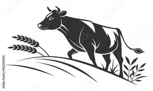 Cow Silhouette Vector with Vintage Page Frame Borders – Simple Black Icon Set