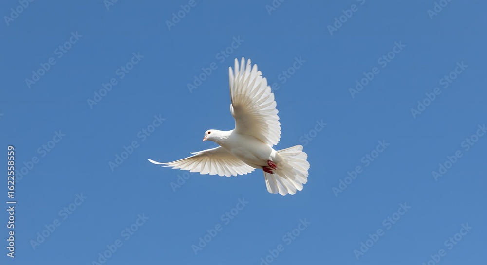 Obraz premium A white dove soars gracefully against a vibrant blue sky, wings outstretched in mid-flight.