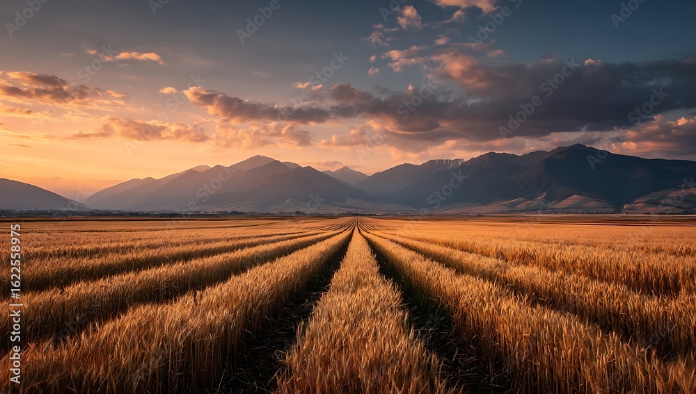 Fototapeta premium Golden wheat field under dramatic sunset sky with mountain backdrop.