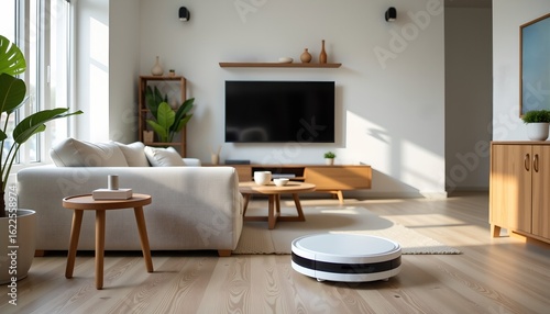 Smart home technology in action: a robotic vacuum cleaner autonomously cleaning a stylish, minimalist living room flooded with natural light.