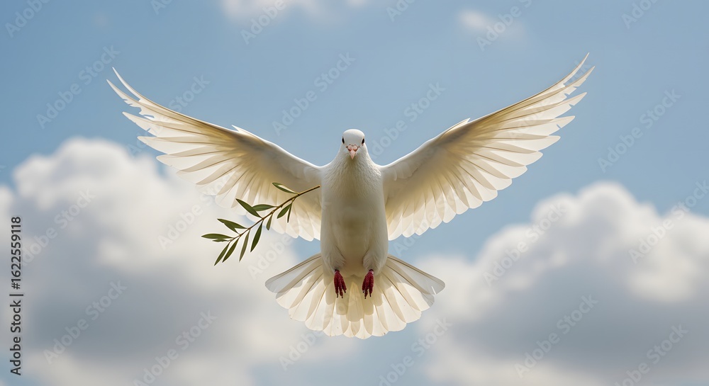 Obraz premium A white dove, wings outstretched, carrying an olive branch, soars against a bright blue sky dotted with fluffy clouds.