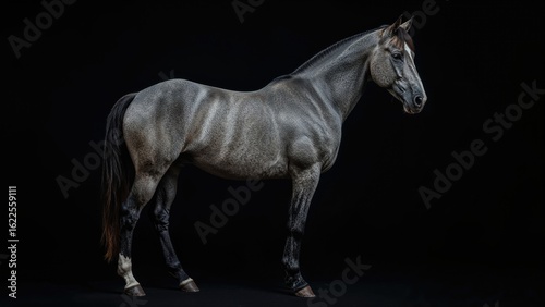 Isolated image of a gorgeous grey horse from Andalusian breed with black background