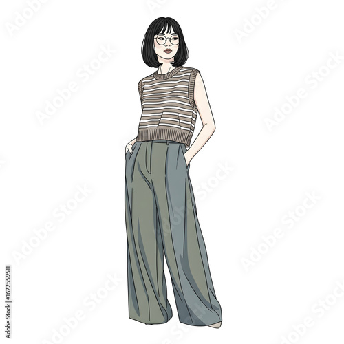 Trendy Young Woman in Striped Top and Wide-Leg Pants – Fashion Vector Illustration