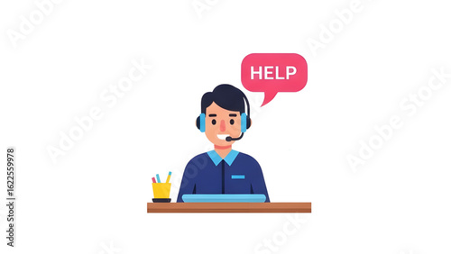 Cartoon Call Center Agent: Pink 'HELP' Speech Bubble Vector Art Office Worker Vector: Stylized 'HELP' Request with Headset 