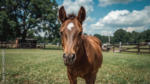 Lovely young brown horse in a countryside stable