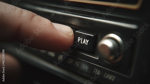 Close-up of finger pressing black retro play button on vintage audio device with shallow focus and warm lighting for nostalgia-themed media, music blogs, and retro tech content