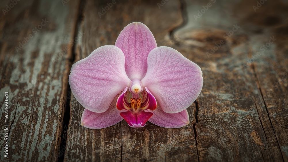 A single orchid flower set against wooden planks A single orchid flower set against wooden planks