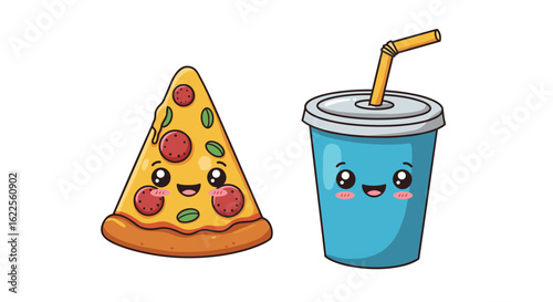 Cute cartoon pizza slice and beverage cup with happy faces  