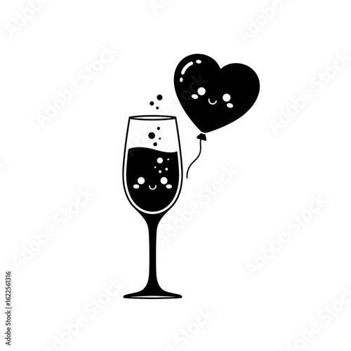 Cartoon champagne glass with smiling heart balloon and bubbles  