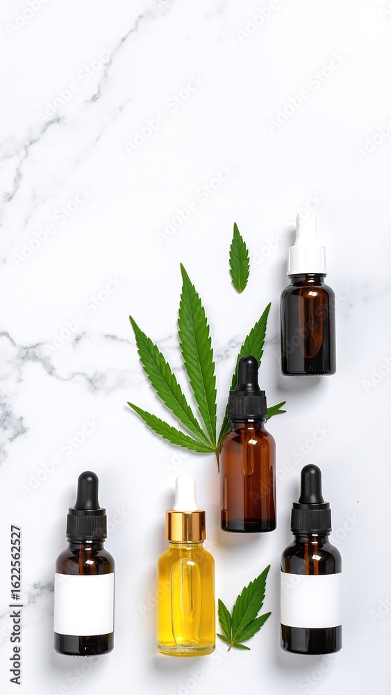 Obraz premium A collection of elegant cannabis oil bottles, each adorned with intricate labels, surrounded by vibrant green marijuana leaves, creating a natural, organic aesthetic.