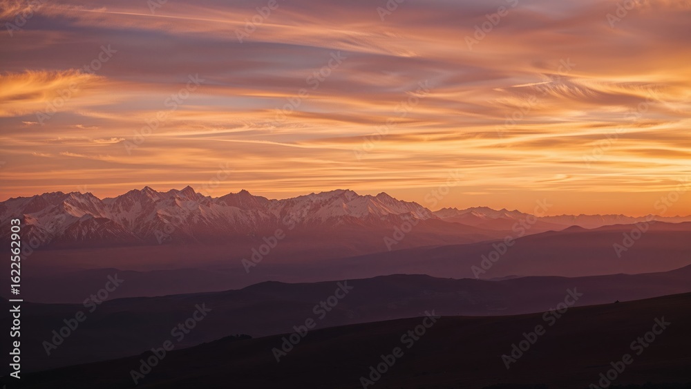 Obraz premium Warm sunset colors highlighting snowy summits and smooth hillsides.