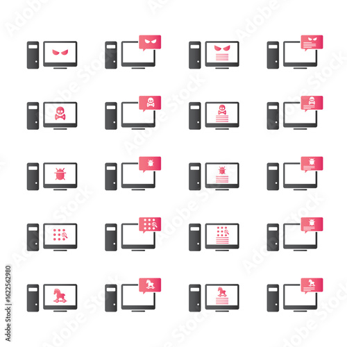 Malware desktop icon set. Hacking concept.