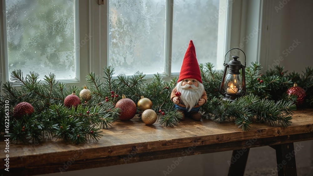 Fototapeta premium Wooden tabletop adorned with pine sprigs, a whimsical gnome, illuminated lantern, ornaments, and a festive garland by the window. Winter holiday home styling, greeting card concept.