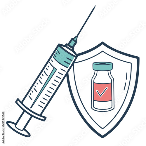 Flat illustration of syringe and vaccine vial with shield icon generated by ai