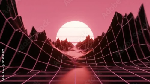 Surreal sci-fi environment with reflective grid floor and sharp mountain-like formations under a large sun
