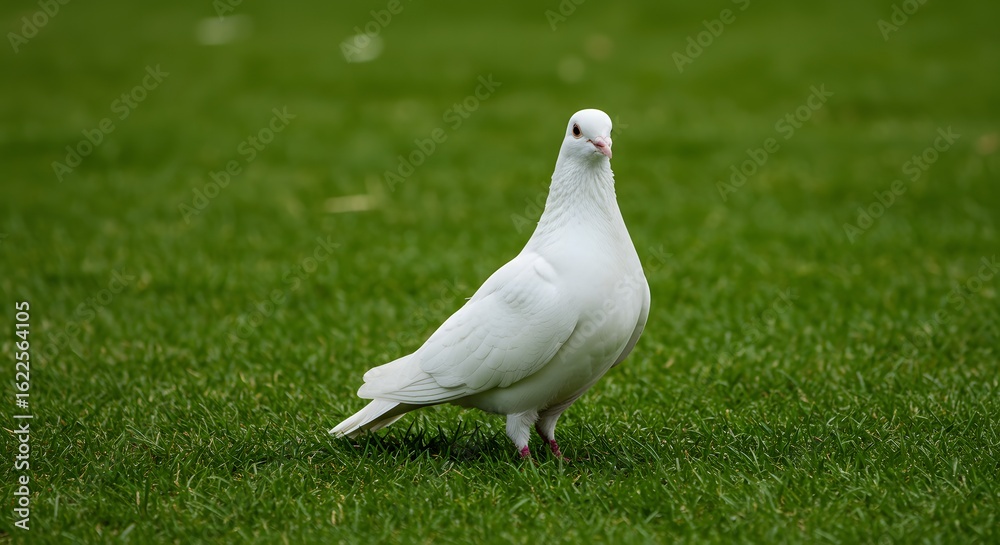 Fototapeta premium A pristine white dove stands gracefully on a vibrant, green grassy lawn.