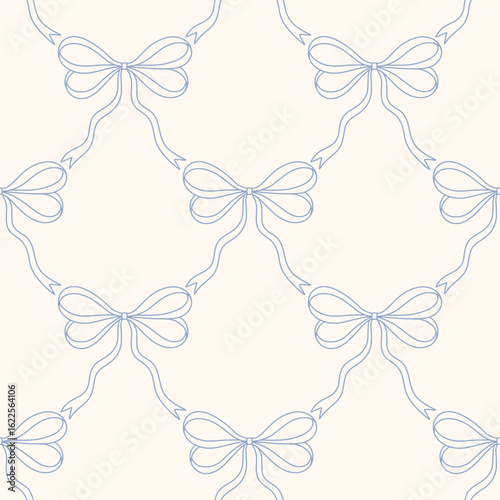 Hand drawn ribbon bow seamless lattice pattern with a charming whimsical cottage core design. Soft blue, pastel, and nostalgic trellis print. Perfect for textiles and romantic vintage-inspired decor.