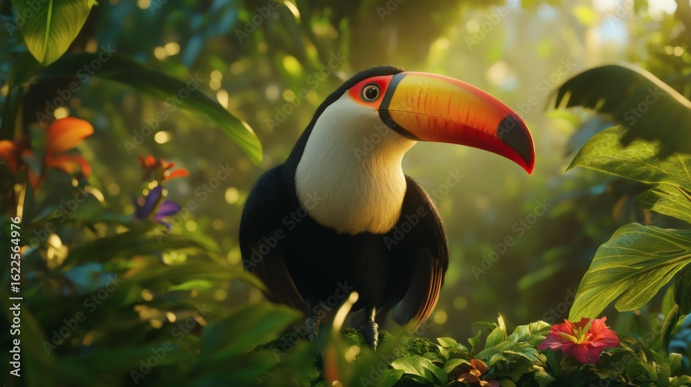 Obraz premium Toucan perched amidst lush tropical foliage.