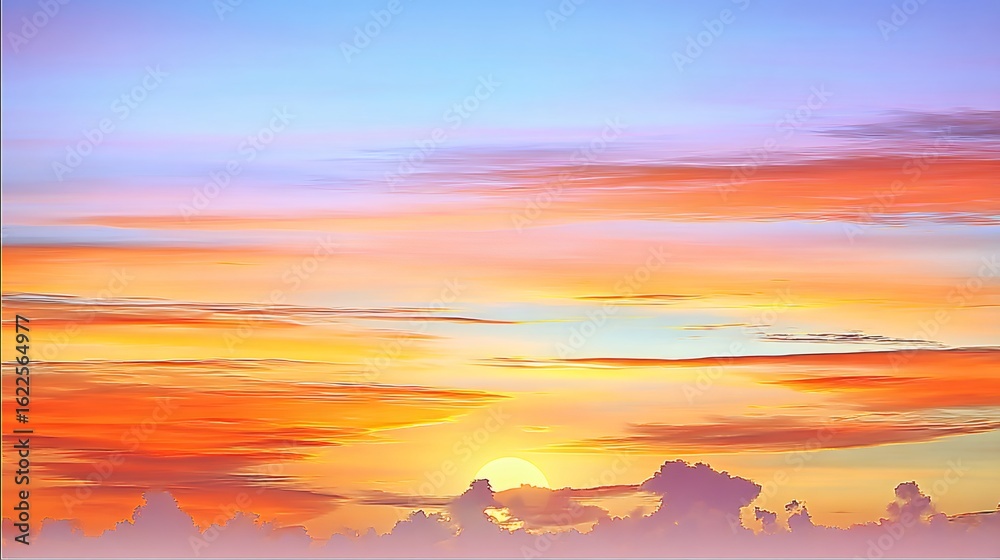 Fototapeta premium Beautiful painting of a colorful sunset with orange, pink, blue and yellow tones, perfect for backgrounds and designs
