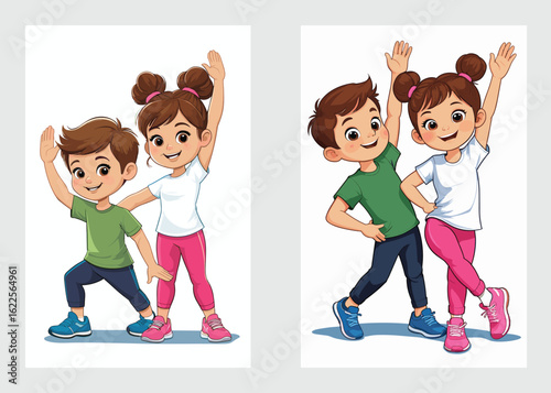 Happy children stretching and doing fitness workout together in cartoon illustration