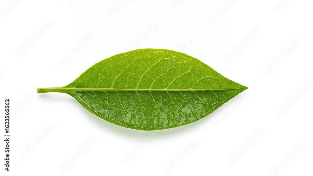 Obraz premium Bright green citrus leaf against a plain white surface
