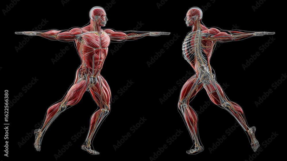 Obraz premium Detailed Muscular Anatomy of Human Body During Dynamic Movement