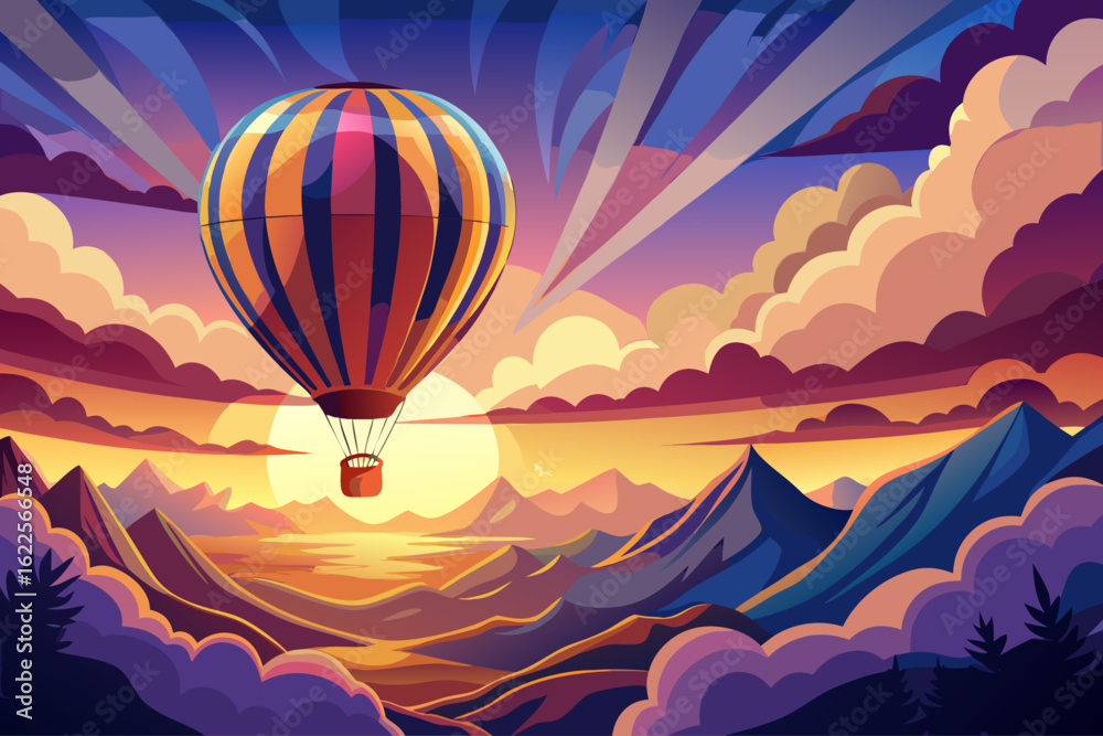 Fototapeta premium vector of The hot air balloon that rises above the clouds at sunset shows its beauty with a beautiful shining light.