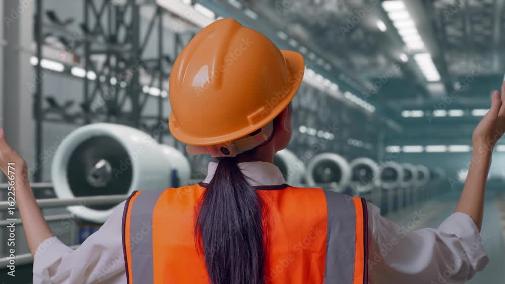 Close Up Back View Of A Female Engineer With Safety Helmet Spreading Arms While Standing, Aircraft Engine Manufacturing and Assembly Line in a Modern Factory Close Up Back View Of A Female Engineer With Safety Helmet Spreading Arms While Standing, Aircraft Engine Manufacturing and Assembly Line in a Modern Factory