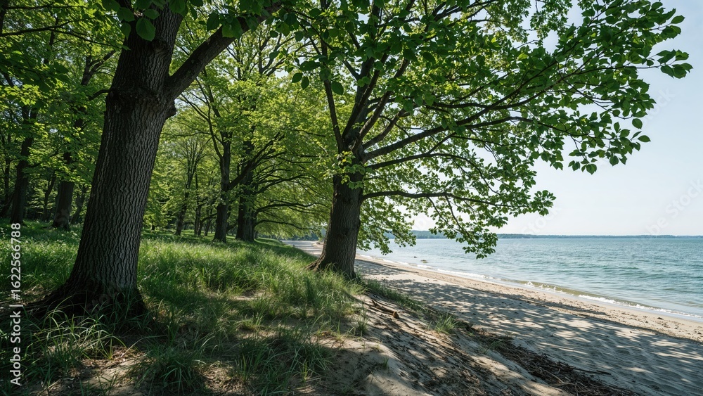 Naklejka premium Ancient trees casting shadows on elevated sandy banks beside a vast sea under a cloudy sky, summer scene with nature and woodland elements