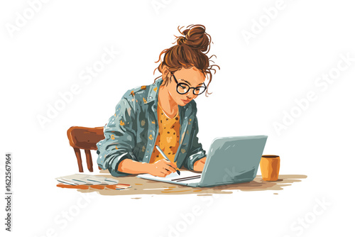 Digital nomad using a tablet and stylus in a cozy hom isolated