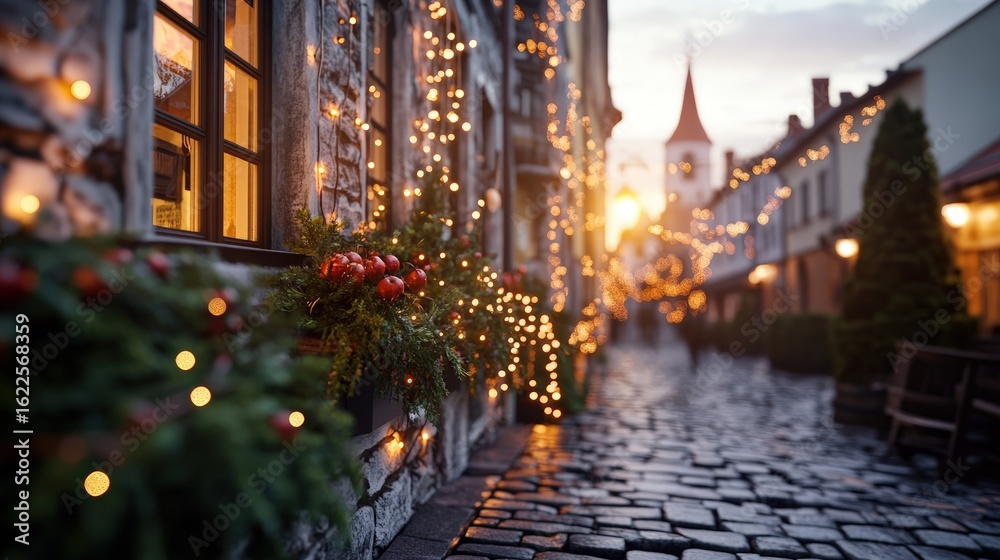 Naklejka premium Charming cobblestone street adorned with festive holiday lights and colorful decorations at sunset