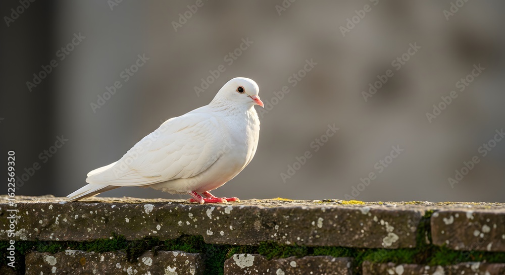 Obraz premium A white dove perches on a weathered brick wall, bathed in soft light against a blurred background.