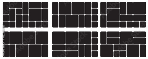 Bento grid vector horizontal layouts. Geometric tiles pattern for photo collage, website layout, etc. Trendy tiling frames arrangements and presentation templates for social media.