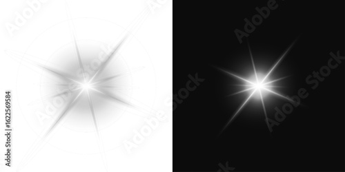 White glowing starburst light effect with lens flare and sparkle isolated on transparent and black backgrounds, ideal for festive designs, digital effects, overlays, advertising, and creative projects