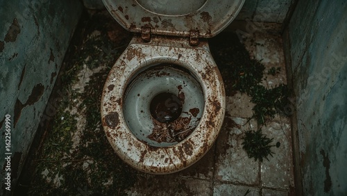 Picture of a decayed and filthy metallic outhouse with rust in a rural area. Symbolizing hardship and destitution.