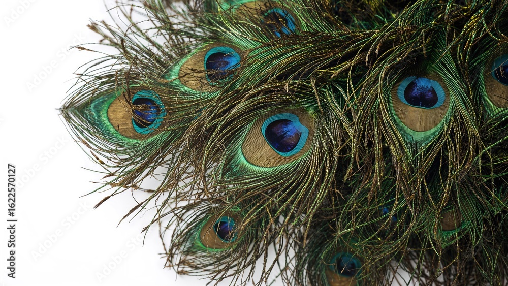 Obraz premium Bright peacock feathers isolated on a white field - Festivity