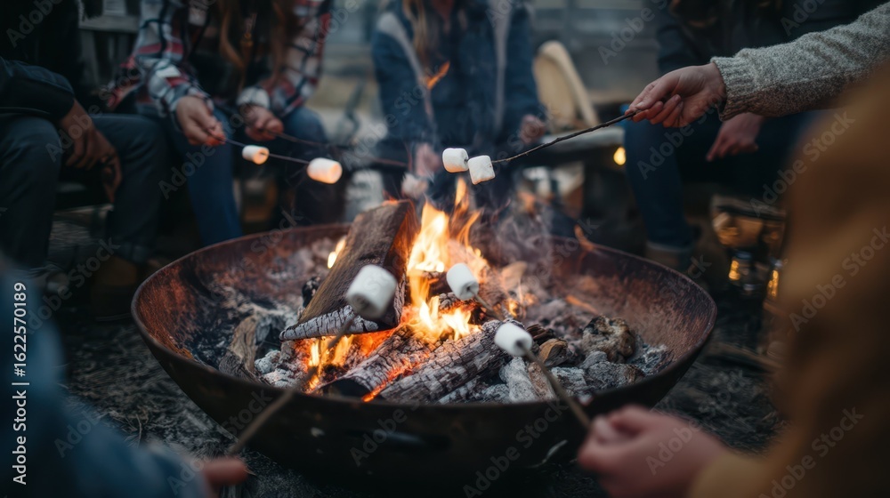 Fototapeta premium People Roasting Marshmallows Around a Fire Pit Outdoors at Night