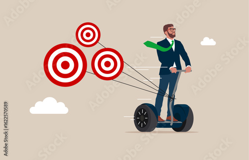 Businessman on a Segway traveling Tries to pull many target. Planning and successful. Flat vector illustration