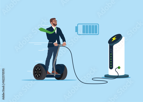 Ecological city transport. Segway and Electric scooter battery charger. Public Segway and scooter charging station. Electric charging. Flat vector illustration