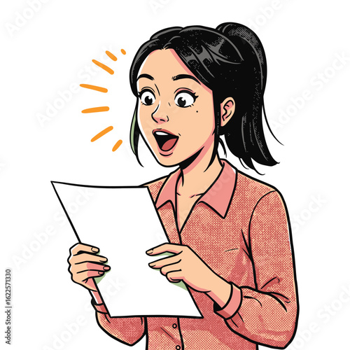 A vibrant illustration of a young woman expressing surprise and delight while reading a letter, conveying a moment of good news or achievement