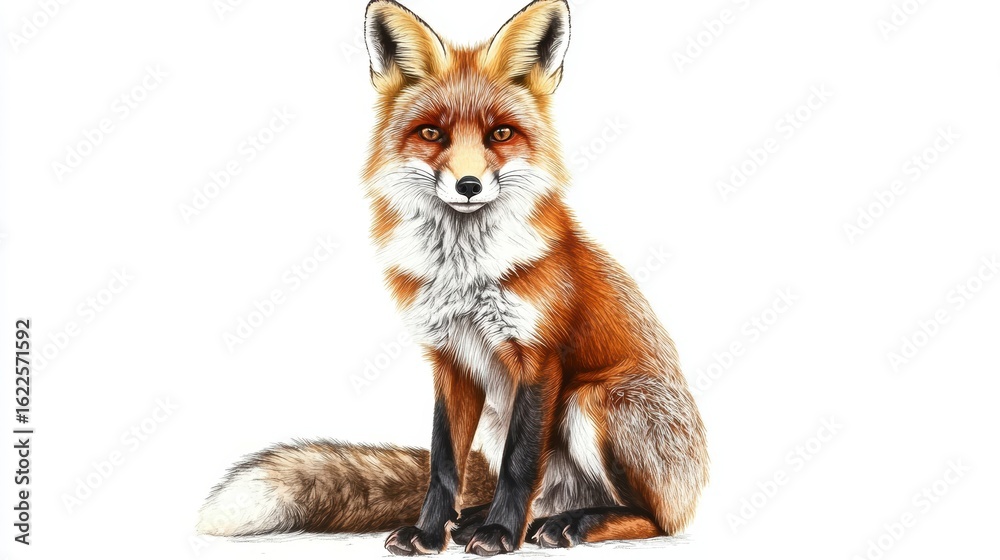 Fototapeta premium Red fox sitting, isolated on white background. (1)