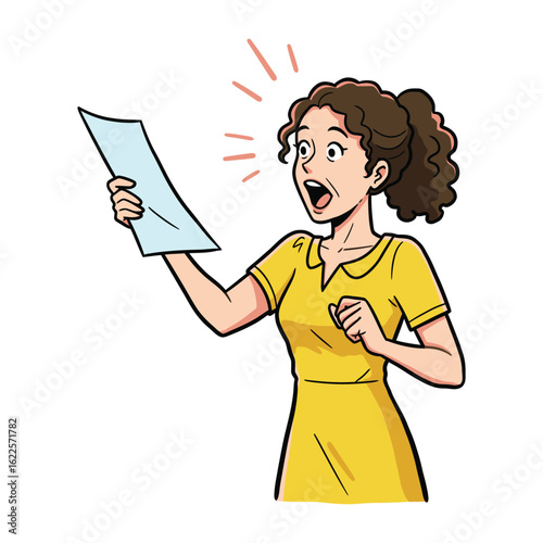 An astonished woman in a yellow dress holds a document, her face expressing shock and surprise after reading unexpected financial news or results.
