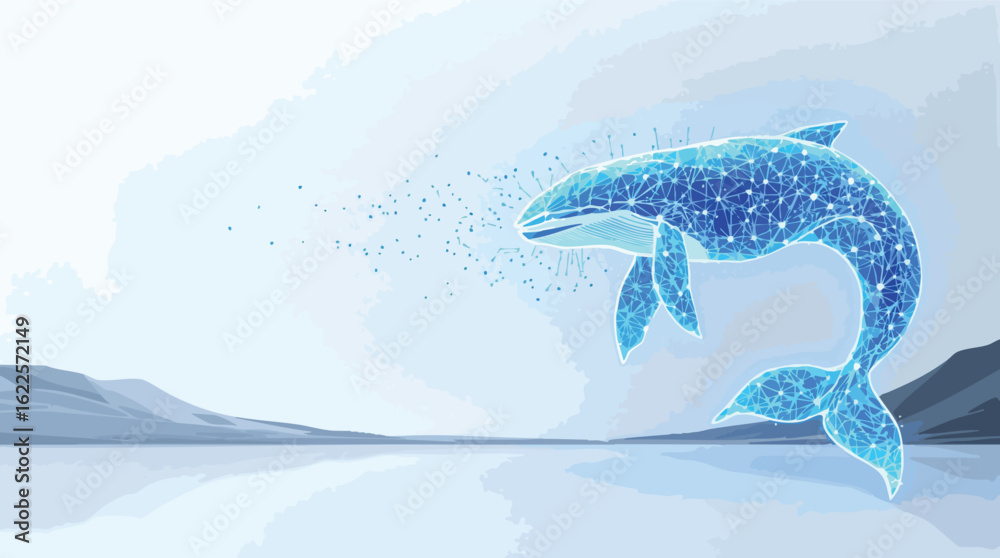 Obraz premium Abstract low poly whale leaping above water with connected dots and lines illustration.