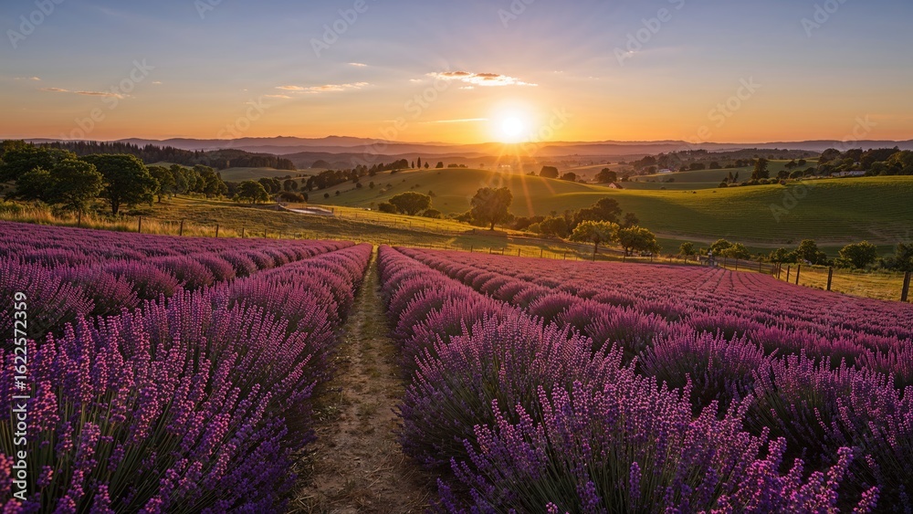 Fototapeta premium Twilight Over Lavender Meadows and Fields