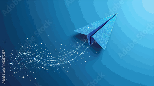 Blue paper airplane with digital circuit design representing technological innovation and progress.