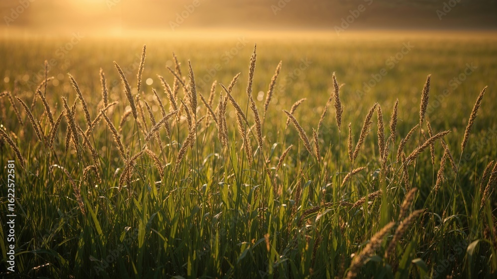 Fototapeta premium Sunset Backlit Tall Grass in a Vibrant Wild Meadow with Golden Hour Light, Stabilized with Gimbal