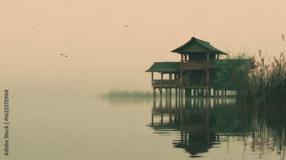 Fototapeta premium Peaceful Stilt House on Still Lake at Sunrise with Reflections